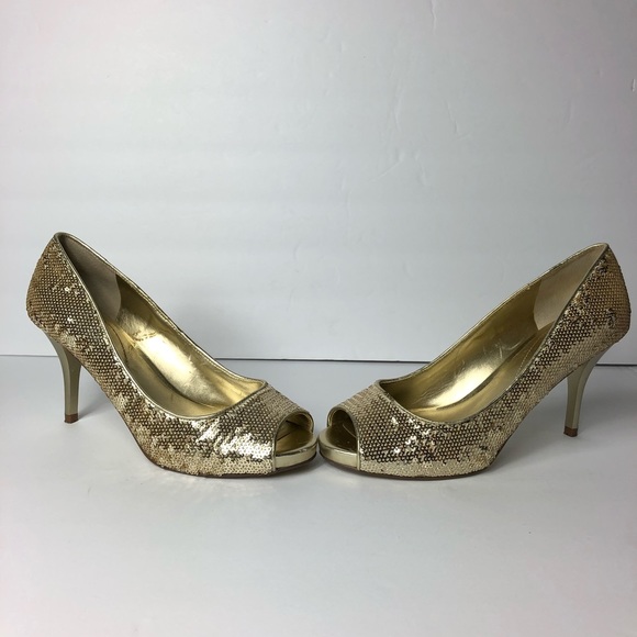 Guess Gold Sequin Peep Toe Party Stiletto Heels - Picture 2 of 8